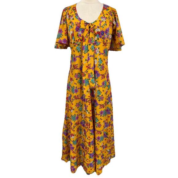 Vtg 60s 70s Yellow Floral Print Maxi Dress Cottage Boho Retro Groovy Handmade - Picture 1 of 16